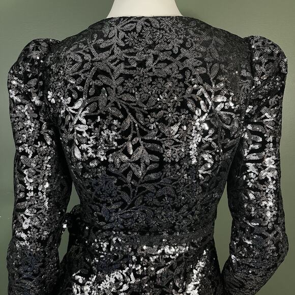 Reformation Long Sleeve Sequins Wrap Cocktail Party Mini Dress XS Black - Picture 7 of 15